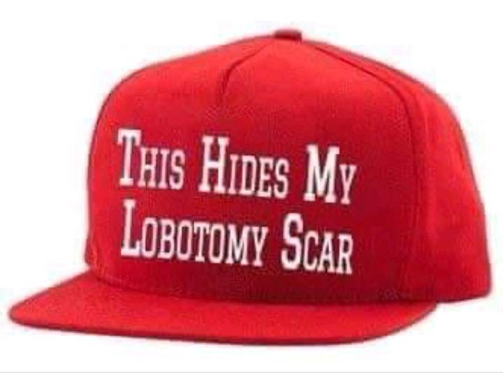 Meme red hat reading - this hides my lobotomy scar. 