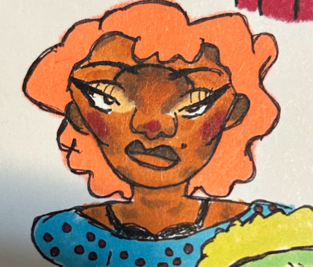Black woman face and chest doodle with makeup and orange hair