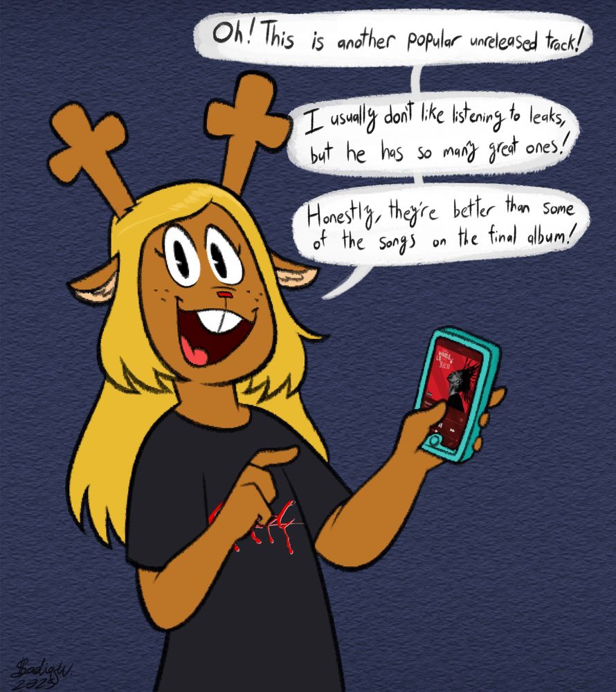 Noelle Holiday from Deltarune talking about Playboi Carti. She is wearing a long black t shirt with the Whole Lotta Red logo on it and holding a cell phone playing "Skeletons" by the same artist. The text she's speaking reads as follows:

"Oh! This is another popular unreleased track!"

"I usually don't like listening to leaks, but he has so many great ones!"

"Honestly, they're better than some of the songs on the final album!"