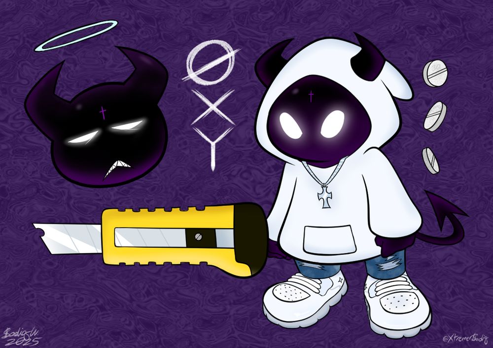 A demon character wearing a white hoodie, distressed jeans, white sneakers and wearing a silver cross chain. He is holding a blade fashioned out of a box cutter. There are 3 percocet pills floating to his right. "OXY" is spelled out vertically to his left alongside a drawing of his head with a halo above it.