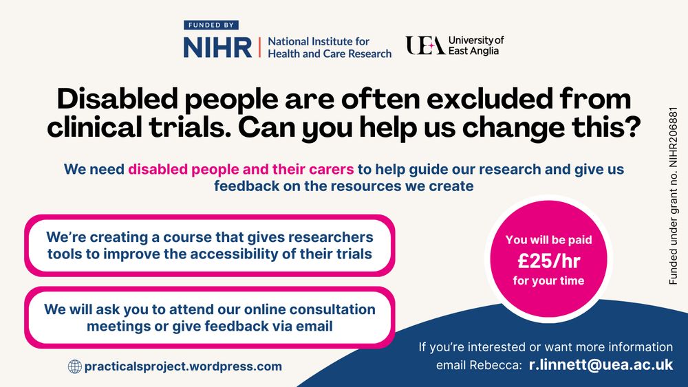 A recruitment flyer with the "Funded by NIHR" logo and University of East Anglia logo at the top. There is a headline in large bold black letters that reads "Disabled people are often excluded from clinical trials. Can you help us change this?" Underneath, in smaller navy text it reads "We need disabled people and their carers to help guide our research and give us feedback on the resources we create". "Disabled people and their carers" is highlighted in pink text. Underneath are two pink boxes; the first says "We're creating a course that gives researchers tools to improve the accessibility of their trials" and the second says "We will ask you to attend our online consultation meetings or give feedback via email". To the right is a large pink circle; in the centre in white text it reads "You will be paid £25 per hour for your time". In the bottom right, white text on a navy background reads "If you're interested or want more information email Rebecca: r.linnett@uea.ac.uk". To the left is the address for the website for the project, practicalsproject.wordpress.com