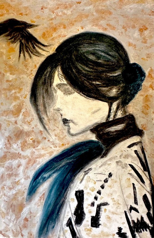 girl painting with blue hair and gold background