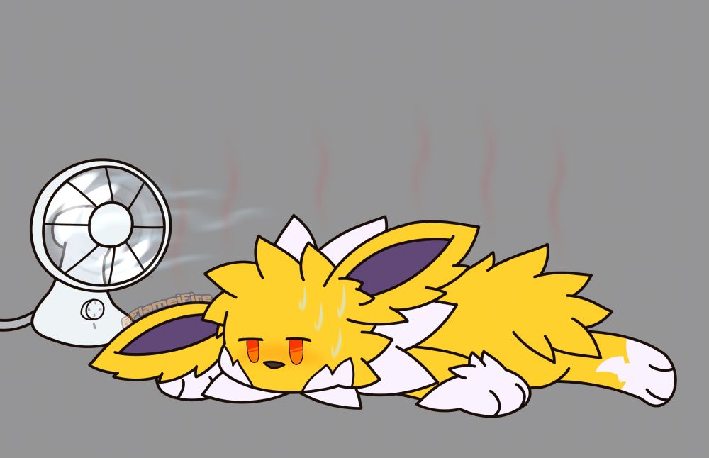 Smaller artwork of Static, laying down in an implied summer heat. A small fan is on next to him, only slightly cooling him down.
