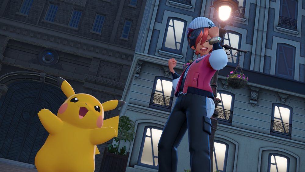 Picture from Pokemon Legends: Z-A featuring my trainer with the shiny alpha Pikachu posing.