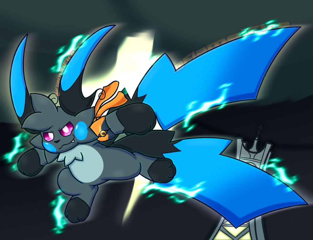 Artwork of Nova, mega evolved into a Mega Raichu X. He's shown jumping through the air with teal sparks of electricity trailing off him, with a faint rainbow glow of Mega Energy around him. The background is a dark, cloudy thunderstorm, with a large bolt of lightning crackling down (though he mostly covers it up, whoops). Prism Tower is seen in the corner behind his tail. Don't think about the worldbuilding implications of it being seen with Nova. He's not meant to be there.

little design fun facts: of course, like usual mega raichu X, nova uses his pikachu colours. sorta. i did tweak the blue as well as his stomach patch's grey to more closely resemble his usual raichu colours, but otherwise the tone of dark grey and black his fur has is taken from his pikachu design. i also chose to make his eyes a sort of reddish purple, to mix his usual blurple eyes with mega-X's red.