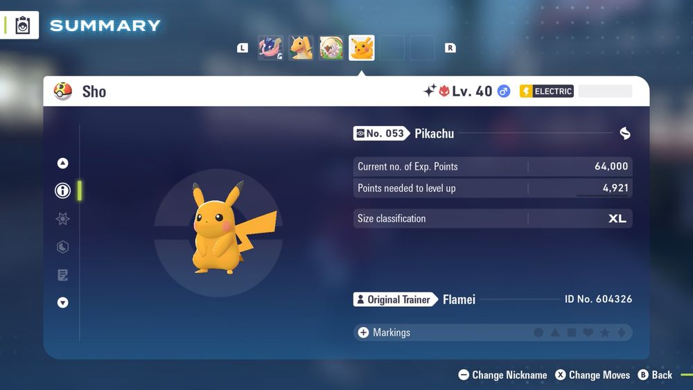 Picture of a summary screen from Pokemon Legends: Z-A, showing a Shiny Alpha Pikachu. I gave him the nickname “Sho” after  that one guy in the Sinnoh anime who kinda almost kills Ash’s Pikachu with his Raichu. I think Mega Raichu X suits him.