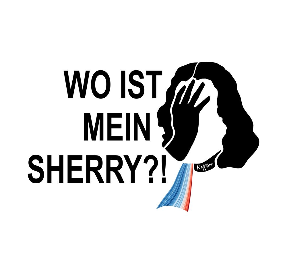 black vector drawing of Neffton doing a facepalm. you can see just the hand, and the iconic wig and cravat which has "Neffton" written on it. the cravat has the colours of the climate stripes graphic. on the left of the drawing is the text "Wo ist mein Sherry?!"