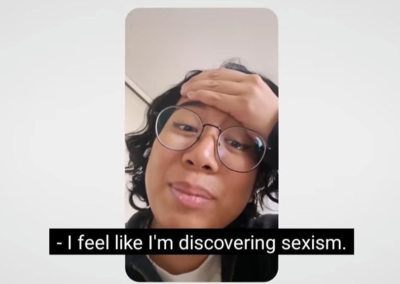 Sabrina in a video call saying: "I feel like I'm discovering sexism."