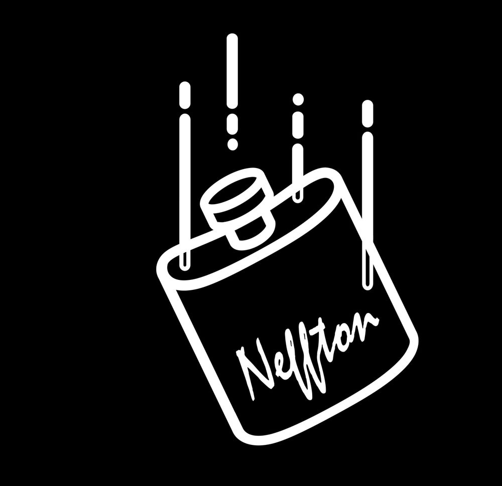 white vector icon: a falling hip flask with "Neffton" written on it