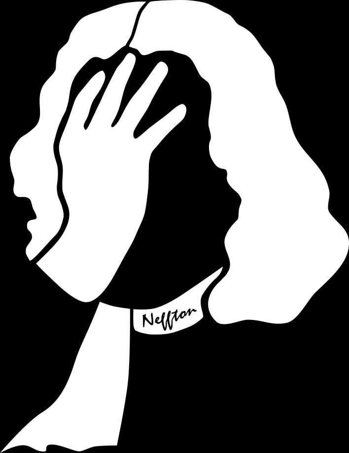 white vector drawing of Neffton doing a facepalm. you can see just the hand, and the iconic wig and cravat which has "Neffton" written on it