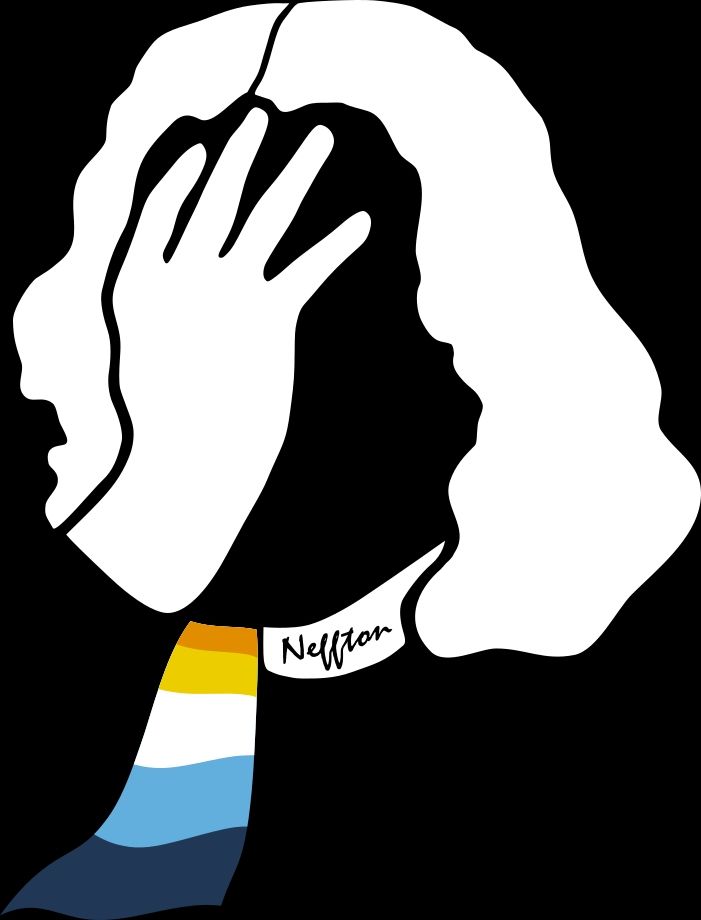 white vector drawing of Neffton doing a facepalm. you can see just the hand, and the iconic wig and cravat which has "Neffton" written on it. the cravat has the colours of the aroace pride flag