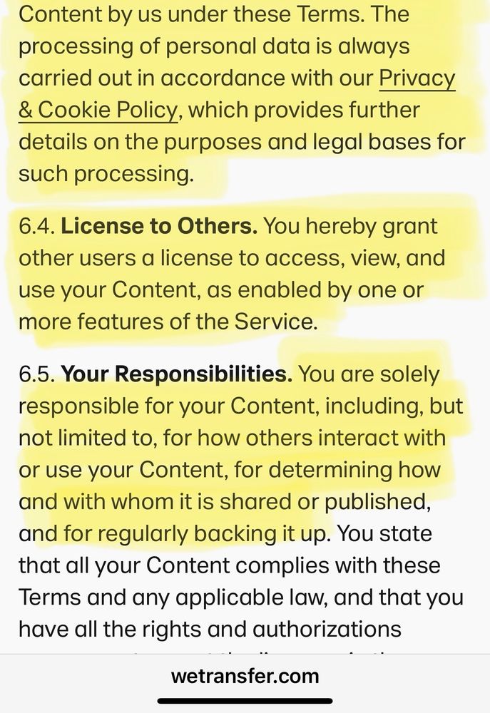 Das Bild zeigt einen weiteren Auszug der Geschäftsbedingungen von WE-Transfer:
Content by us under these Terms. The processing of personal data is always carried out in accordance with our Privacy & Cookie Policy, which provides further details on the purposes and legal bases for such processing.
6.4. License to Others. You hereby grant other users a license to access, view, and use your Content, as enabled by one or more features of the Service.
6.5. Your Responsibilities. You are solely responsible for your Content, including, but not limited to, for how others interact with or use your Content, for determining how and with whom it is shared or published, and for regularly backing it up. You state that all your Content complies with these Terms and any applicable law, and that you have all the rights and authorizations