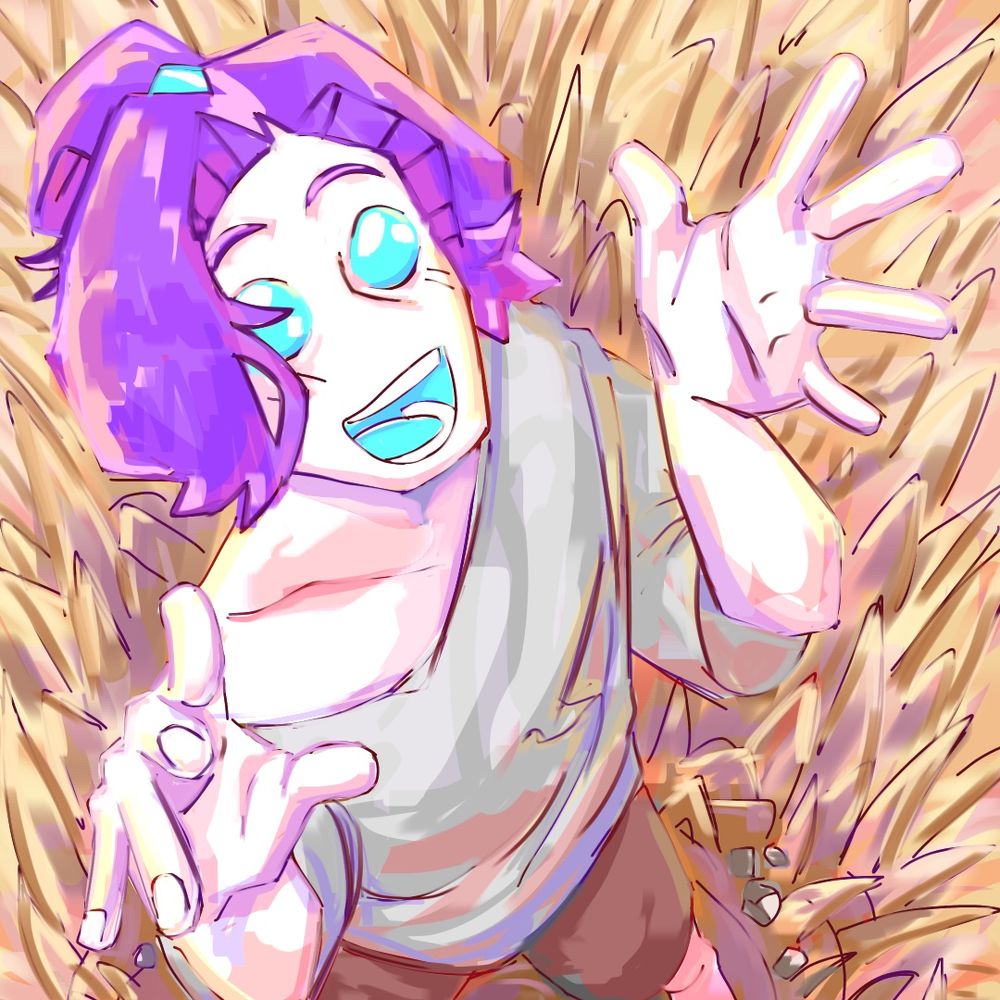 Humanoid with white skin, purple hair, and entirely bright cyan skin in a field of grass.