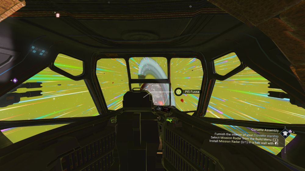 The interior of the ship during an autopilot-controlled pulse jump. You can just tell the autopilot to go to a planet and it'll do that for you, meanwhile you can just walk around the ship. Cool as hell.