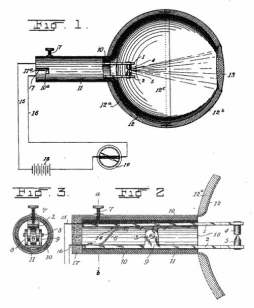 Jagadish Chandra Bose's patent drawing of a microwave detector, having the form of a spherical eyeball with lense, detector and screw mechanism for adjusting pressure on a point contact with the galena crystal.