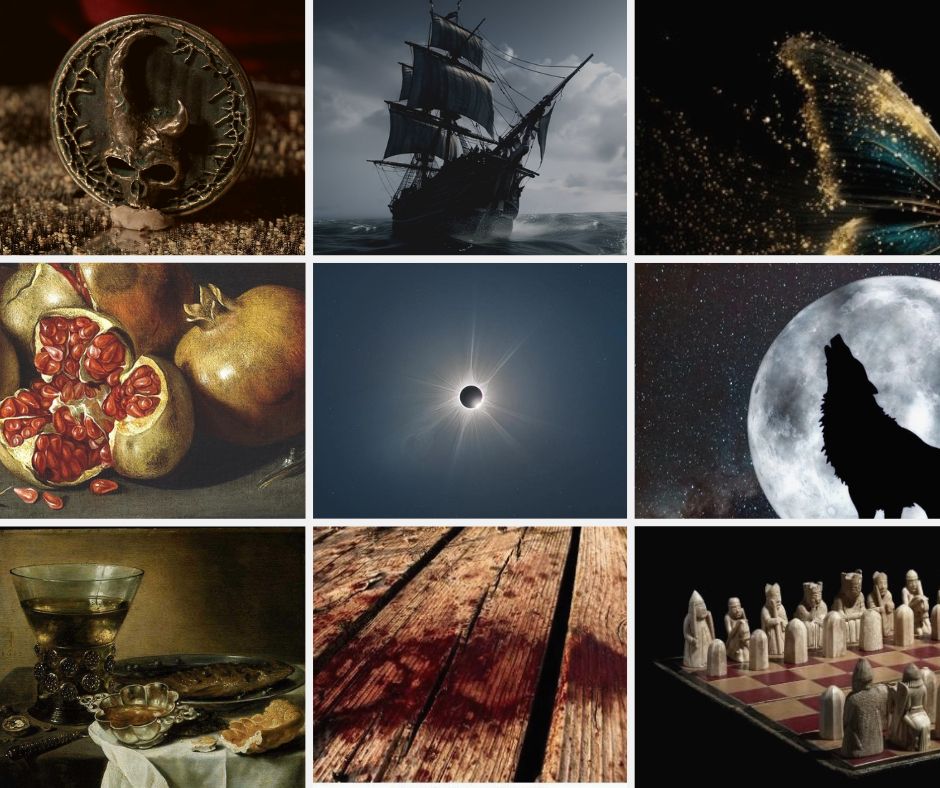 A geometrical moodboard with a 3x3 grid. From left to right, top to bottom: a coin with a horned skull, a ship sailing the high seas, a detail of a butterfly made with a golden powder that might be sparkling sand, a still life of pomegranates, an eclipse, the silhouette of a wolf howling against a gigantic moon, another still life with a glass of white wine and some oysters, blood staining a coarse wooden floor and a picture of a Medieval chessboard.