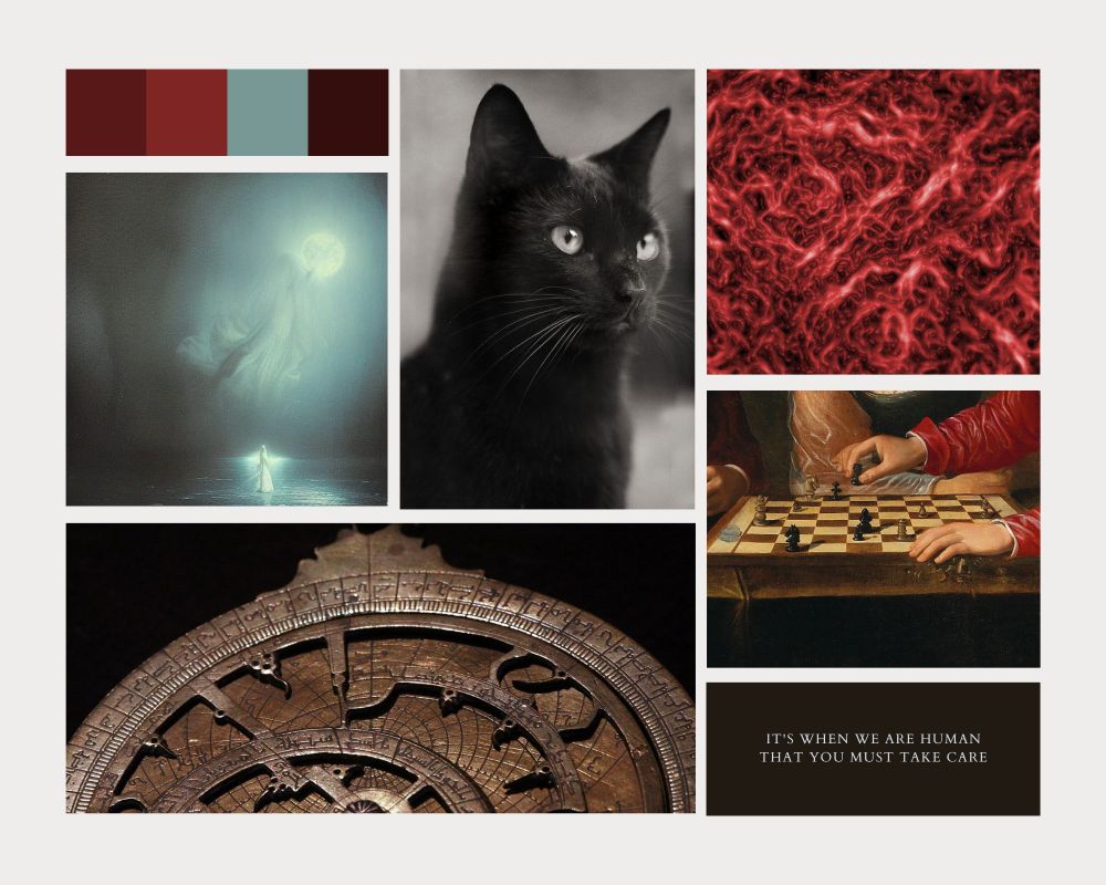 Moodboard for the main character, in shades of red and icy grey: an eerie fog on a lake, a black British shorthair, the detail of an old astrolabe, a close-up on a chessboard, a red texture and the quote "It’s when we are human that you must take care" from S.J. Tucker's 'Song of Witches'.