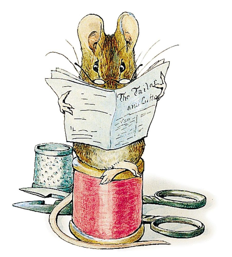 One of the most famous illustrations from the book: a mouse sits atop a spool, tailor's scissors and thimble behind him. He wears a pair of glasses and he's reading a paper folded as a newspaper and titled "The Tailor".