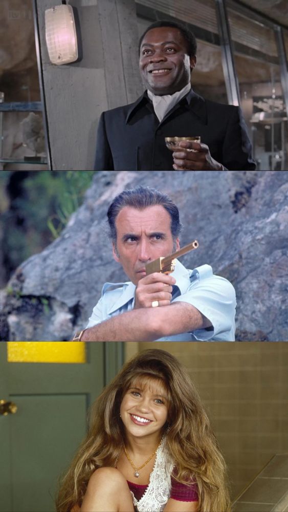 A Black man holding a drink
A white man holding a golden gun
A teen girl from the 90s