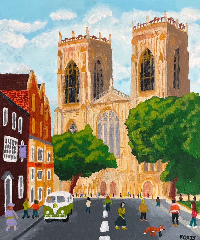A painting of York Minster from Duncombe with the Dean Court Hotel on the left. A white and green VW van is outside the hotel. People walk hither and thither. 