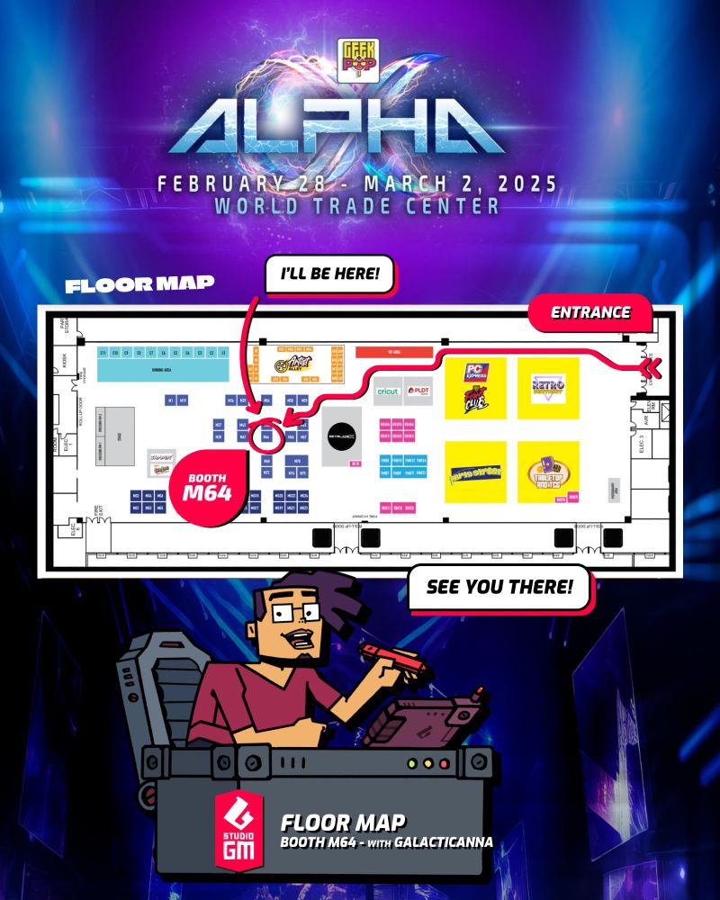 The catalog of Gab Madrid's store Studio GM for the event Geek+Pop Alpha on February 28-March 2 in World Trade Center Manila. Includes designs inspired by Pokemon, Splatoon, Kpop boy group Seventeen, and Vatican Mascot Luce.