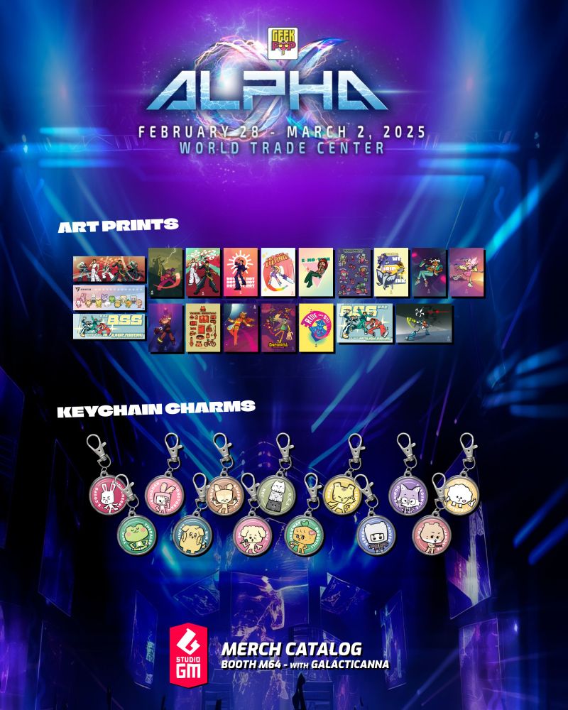 The catalog of Gab Madrid's store Studio GM for the event Geek+Pop Alpha on February 28-March 2 in World Trade Center Manila. Includes designs inspired by Pokemon, Splatoon, Kpop boy group Seventeen, and Vatican Mascot Luce.