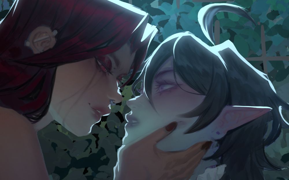 my muse ship of my dnd character valerie with her lover mercedes ! (my friend himebuns character ! of them two intimately close about to kiss 