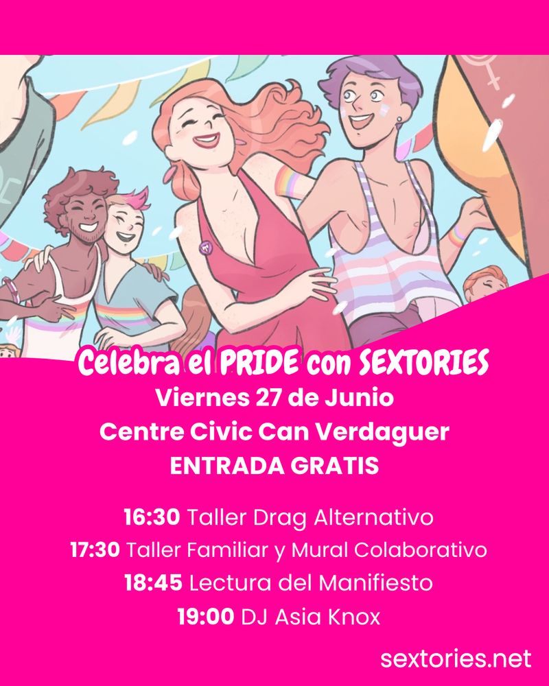 Anuncia el evento Celebra el pride con Sextories, junto a una ilustración de Sara Soler con gente diversa en una marcha del orgullo.