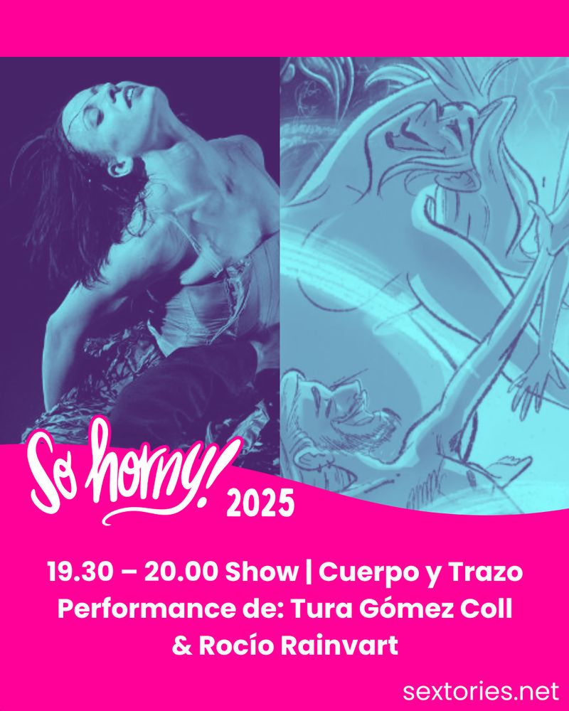 Anuncia el show "Cuerpo y trazo" de So Horny. La imagen representa el arte de Tura Gomez (danza) y Rocio Rainvart (dibujo)