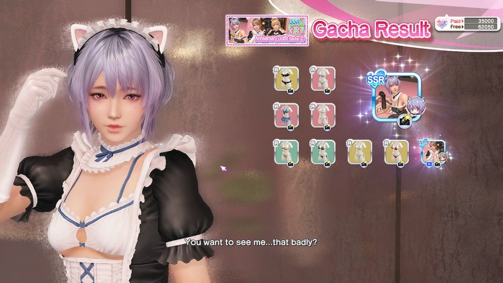 Gacha result screen after pulling Shizuku in the "Whimsical Cat Maid" outfit from Dead or Alive Xtreme Venus Vacation (character unlock)