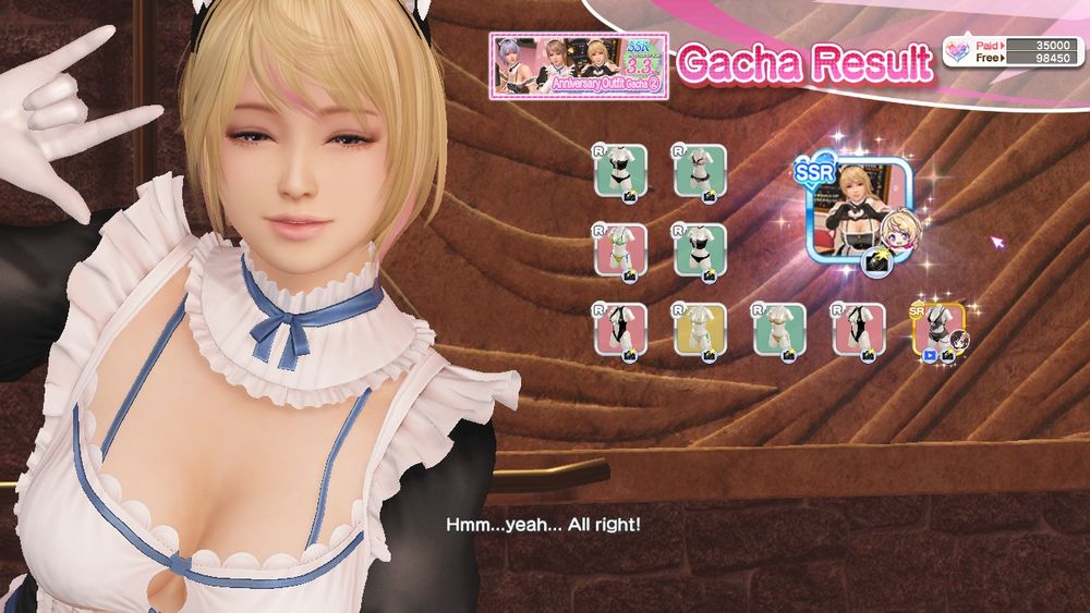 Gacha result screen after pulling Yukino in the "Whimsical Cat Maid" outfit from Dead or Alive Xtreme Venus Vacation