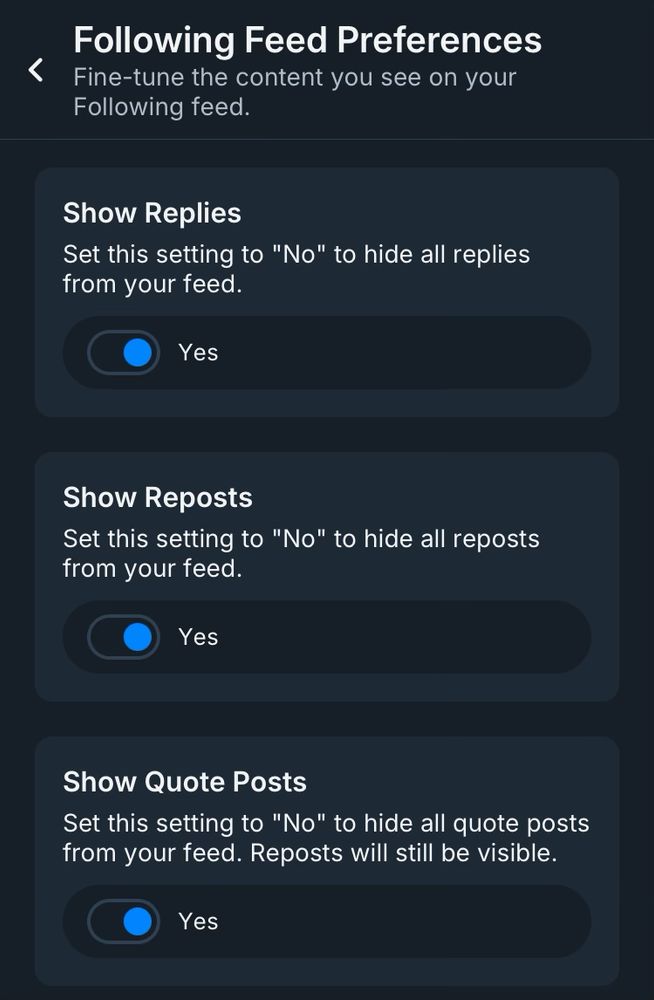 The Following Feed Settings Menu