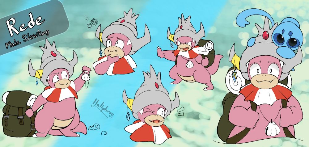 A collection of simple drawings of a Pokémon: Mystery Dungeon OC named Rede, who is a Slowking that wears a large hiker's backpack and a simple necklace with a clamshell on it.