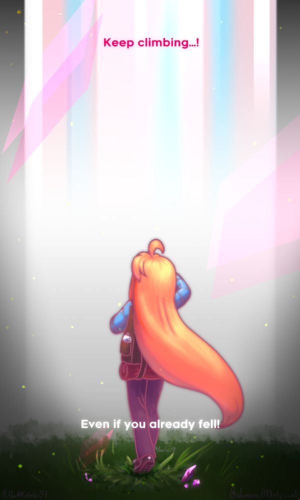 Madeline from celeste, looking up at a light in pink, blue and white colors from the mountain's underground.