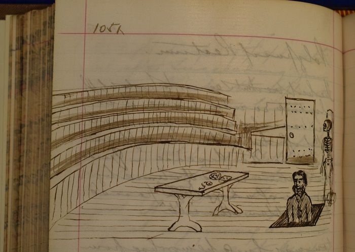 A pen sketch showing an old style lecture theatre with wooden banches. In the middle of the room. Lister can be seen dropping through a trapdoor in the floor