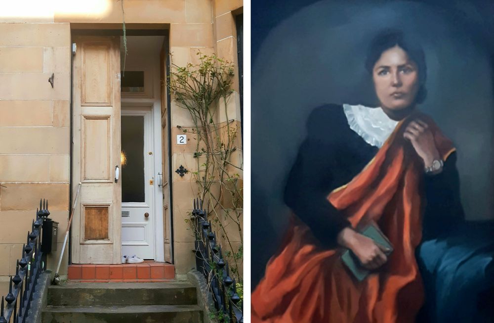 A Glasgow tenement door and an oil painting of its former resident, Dr Jamini Sen, the first female fellow of our College