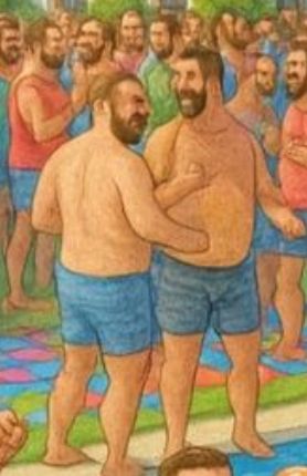 Two gay bears at a pool party. One appears to be fisting the other in the belly button.