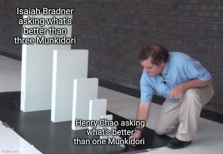 Domino effect meme; first domino: Henry Chao asking "What's better than one Munkidori?", last domino: Isaiah Bradner asking "What's better than three Munkidori?"