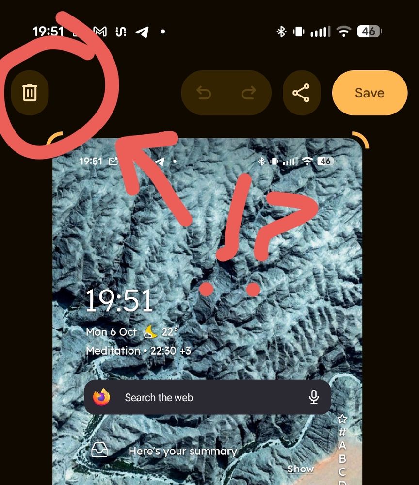 Pixel screenshot UI with a trash bin icon circled in red at the top left. 