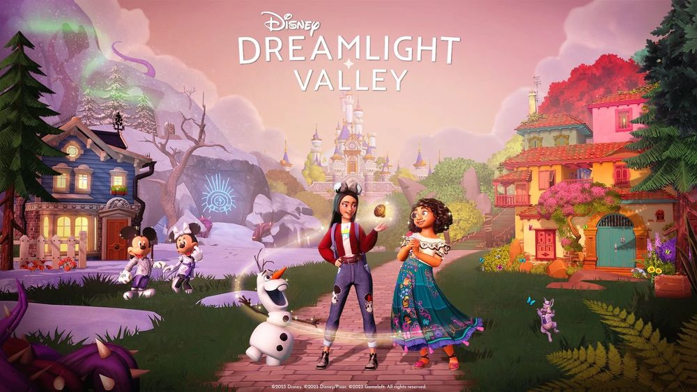 Promotional image for Disney Dreamlight Valley, featuring the main character flanked by Olaf (left) and Mirabel (right). Mickey and Minnie can be seen in the background to the left, with cosy looking buildings (left and right) and a large castle in the distance (centre). 