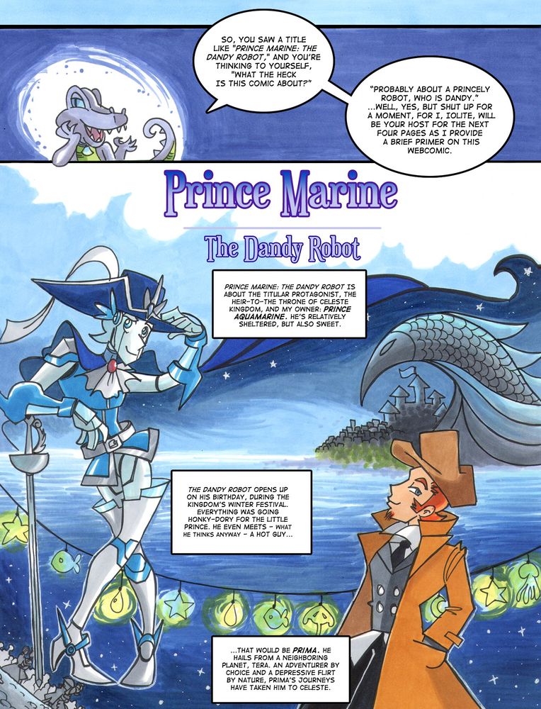 Page 1 the introduction to Prince Marine: The Dandy Robot. This one introduces Marine and Prima as well as the basic plot of the comic. 