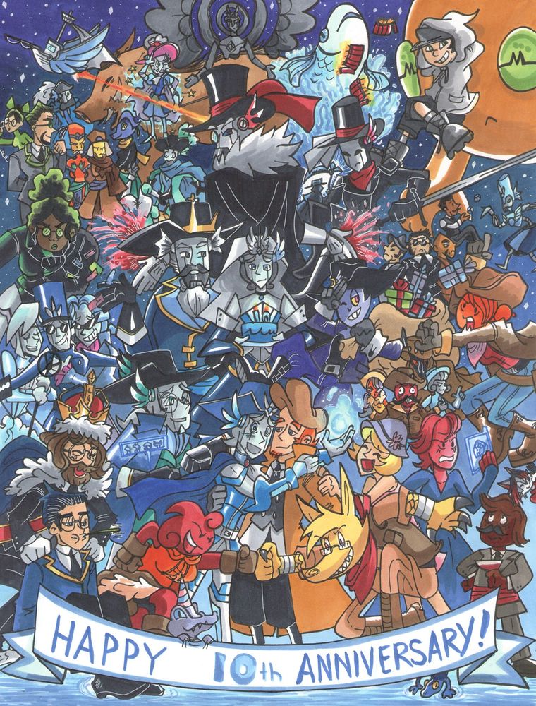 My anniversary picture for my webcomic, "Prince Marine: The Dandy Robot." Depicted are all the characters that's made at least one appearance. 