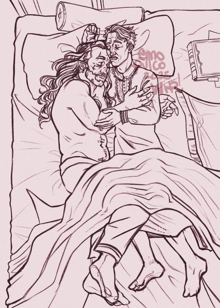 a top view (full body) piece of rook (mortimer ingellvar) and emmrich volkarin sleeping together. mortimer is a qunari, he’s tall and muscular with long hair and one broken horn, he’s on the left of the bed, with one arm rested on Emmrich’s chest and one around him, the hand peeking from Emmrich’s back. Emmrich is on the right, his visible arm gently rested atop Mortimer’s, and he’s kissing Mortimer’s forehead. they’re sleeping comfortably on a slightly messy bed, with the bedsheets curled up around their legs, three pillows behind their heads, one book closed on emmrich’s right and another bundled blanket underneath the book.