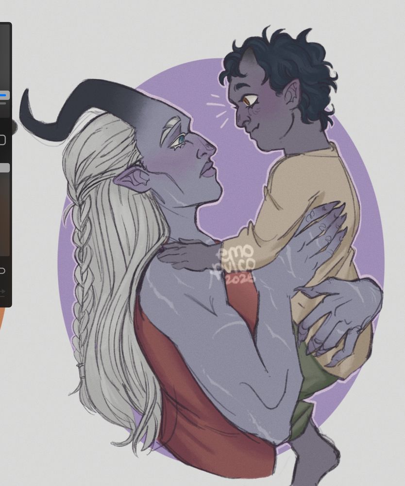 a woman with an athletic physique holds up a toddler of about three years of age. the woman is a qunari with long white hair and blue eyes, with light grey skin and horns that curl up and backwards. the toddler is slightly chubby with black hair and darker grey skin, his eyes are big and of the color amber.
