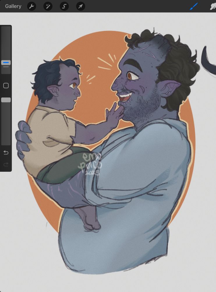 a bust depiction of a man around his thirties, qunari with his horns cut off. he has short and dark curly hair, and multiple scars around his face, especially around his eyes and mouth. the man, rebas, is holding a chubby child of about one year of age, who looks a lot like him, with big amber eyes and dark short hair. 