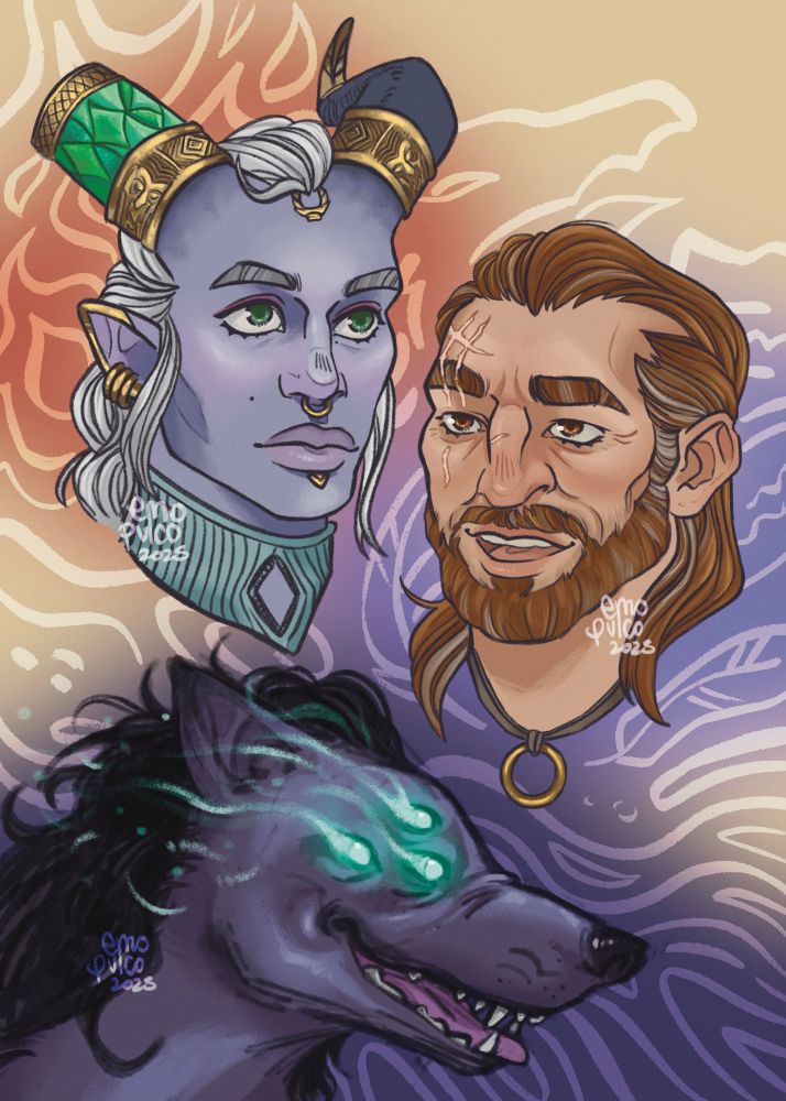 a compilation three headshots of taash, varric and solas (in his dreadwolf-form). top left is taash, looking rather serious but with a slight smile to their lips; center-right is varric, in the midst of speaking with a sly smile and a charming expression; bottom left is solas in his dreadwolf form, in profile, with his mouth slightly parted with his teeth and tongue peeking through, his three eyes on the side shown are glowing a bright teak color.