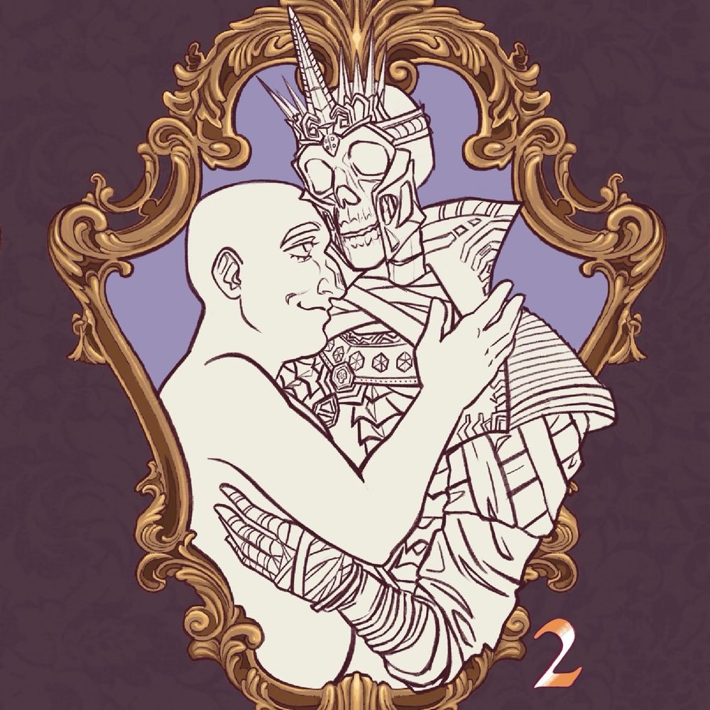 half body depiction of a blank character (your rook or oc) between emmrich’s arms (in his lich form), and gazing up lovingly at him
