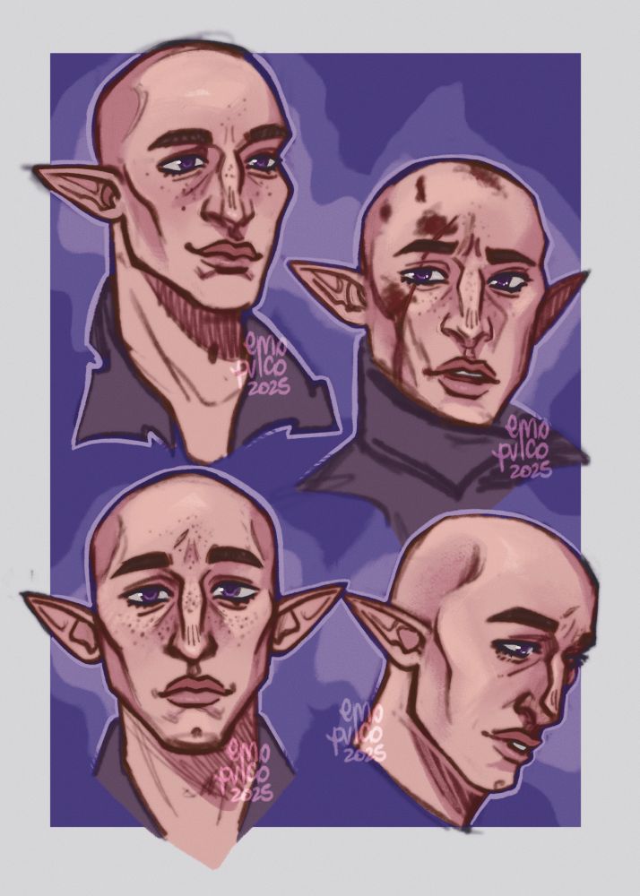 four colored headshot sketches of solas from dragon age inquisition / the veilguard; top left sketch is solas in a 3/4 pose, smiling slightly and looking forwards; top right is solas in a frontal pose with some cuts and bruises on his face, looking a mixture of surprised and confused ; bottom left is solas in a frontal pose with a relaxed expression and a slight smile; bottom right is solas’s profile, looking conflicted