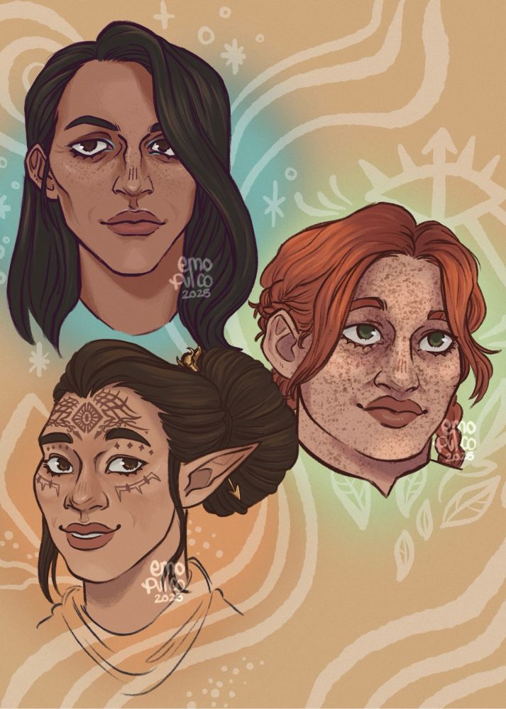a compilation of three portraits of three characters from dragon age the veilguard. top left there’s neve gallus, with a determined expression and a slight smile, center right there’s lace harding with a sweet smile and sweet expression and bottom left there’s bellara lutare, with a gentle smile and a relaxed expression.