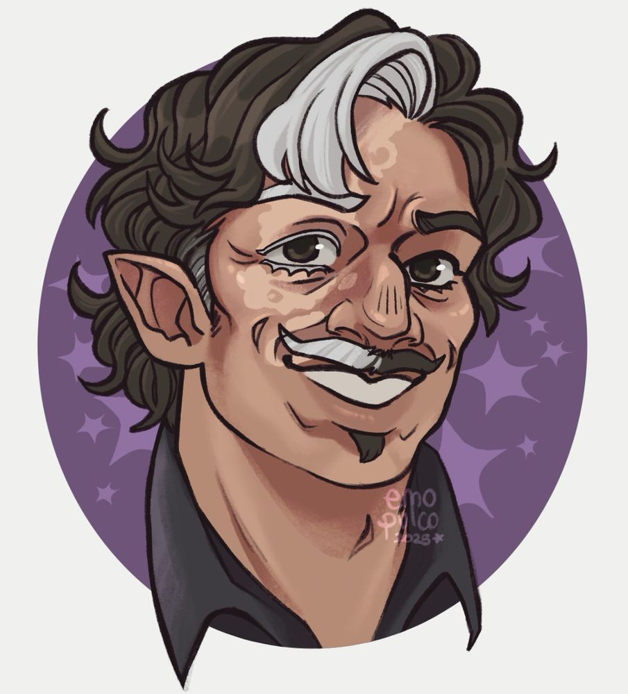 a headshot artwork of a middle-aged half-elf. the man has mostly dark brown middle-lenght hair if not for a white patch of hair that is white due to vitiligo. he has a moustache and a soulpatch, half of the moustache is white; He also has white lashes on the (viewer’s) left eye and a patch of lighter skin due to vitiligo also on the left.

the man is smirking, though not menacingly, a bit more like a charming rogue. The background is purple with lighter purple stars.